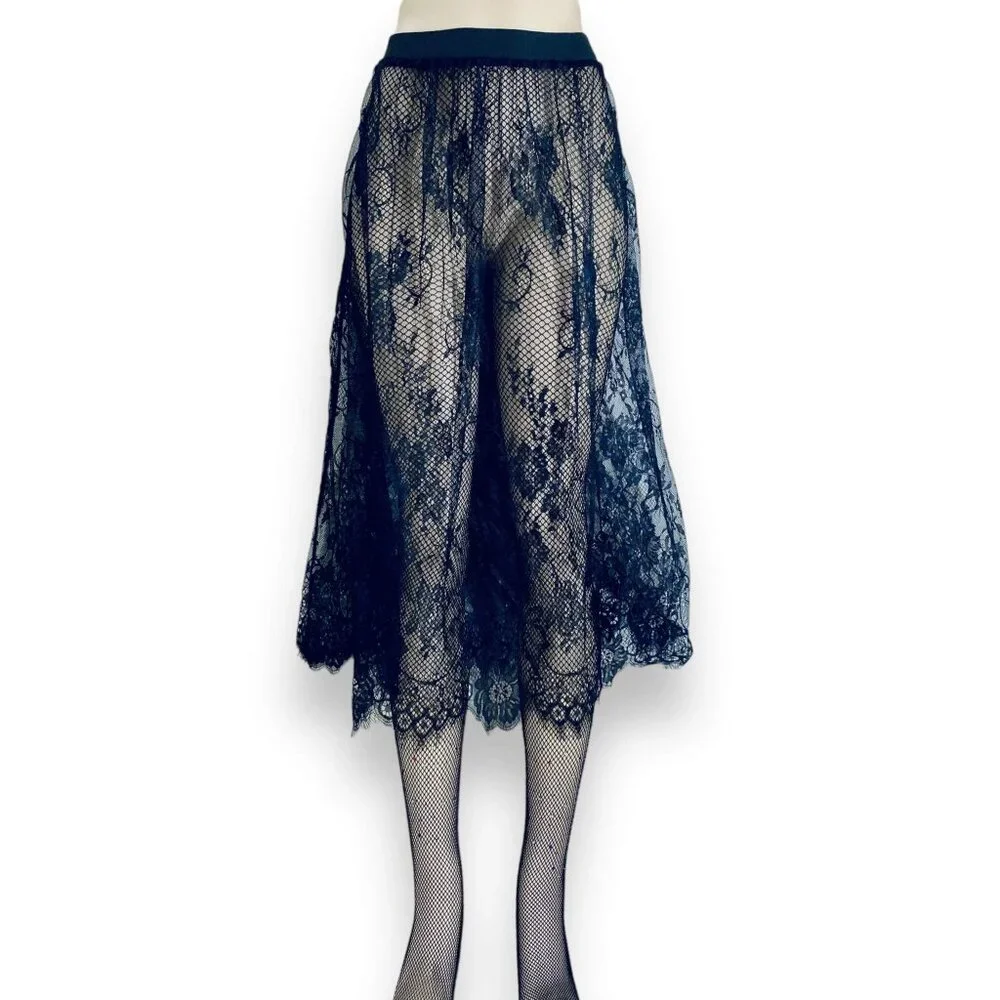 Black Floral Lace Sheer Midi Skirt - NEW - Picture 2 of 5
